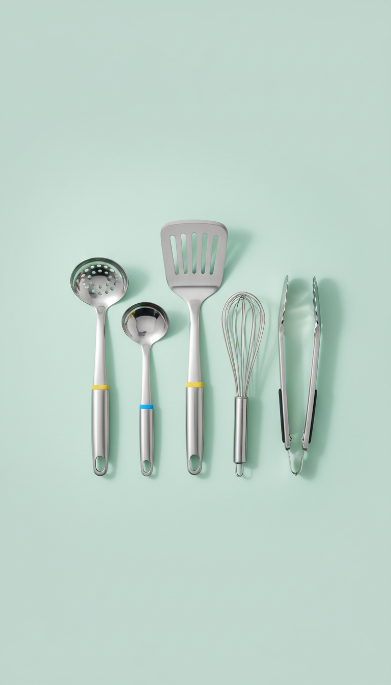 Stainless steel utensil set with hanging loop