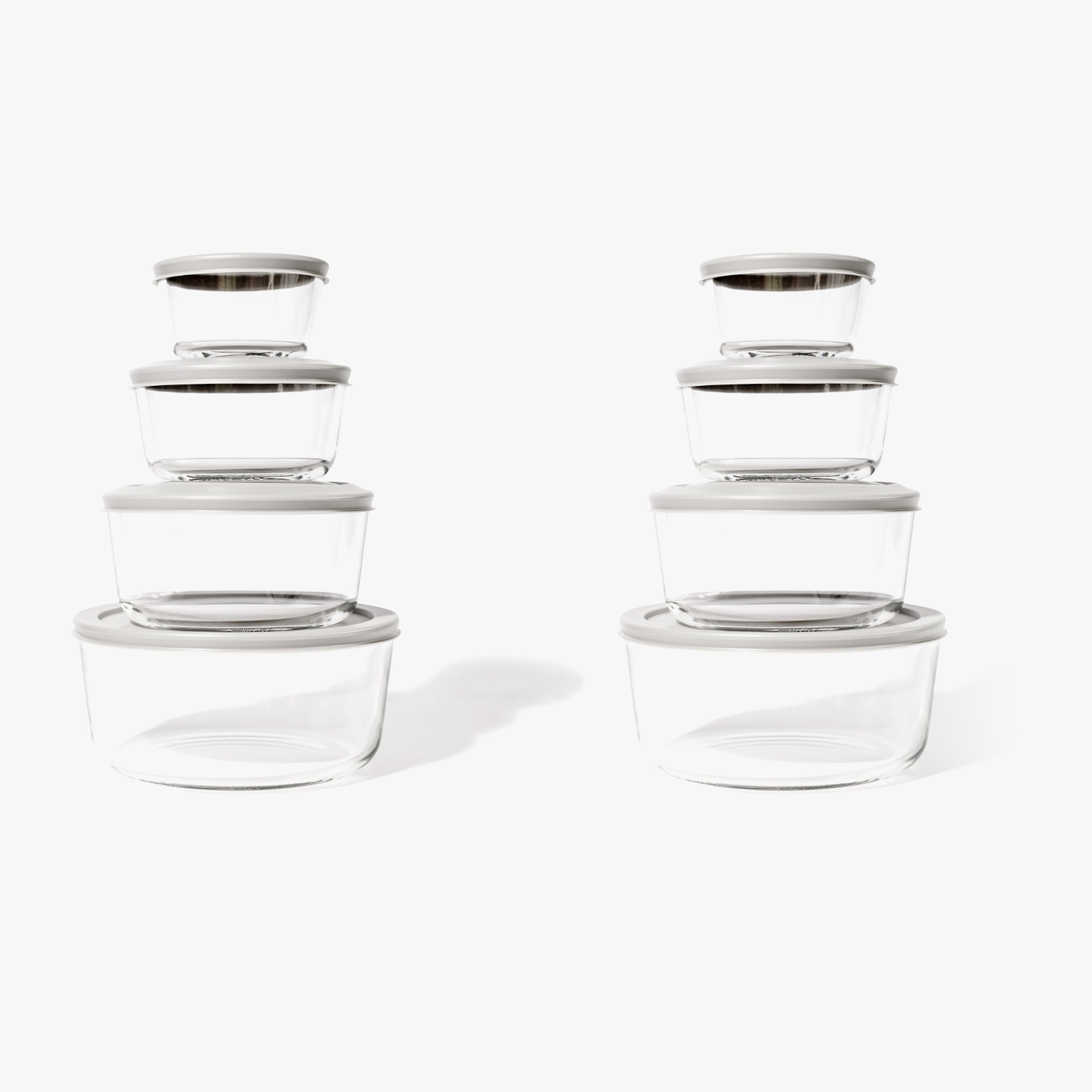 16 Piece Set (8 Containers + 8 Lids) Round Nesting Glass Storage Containers, White